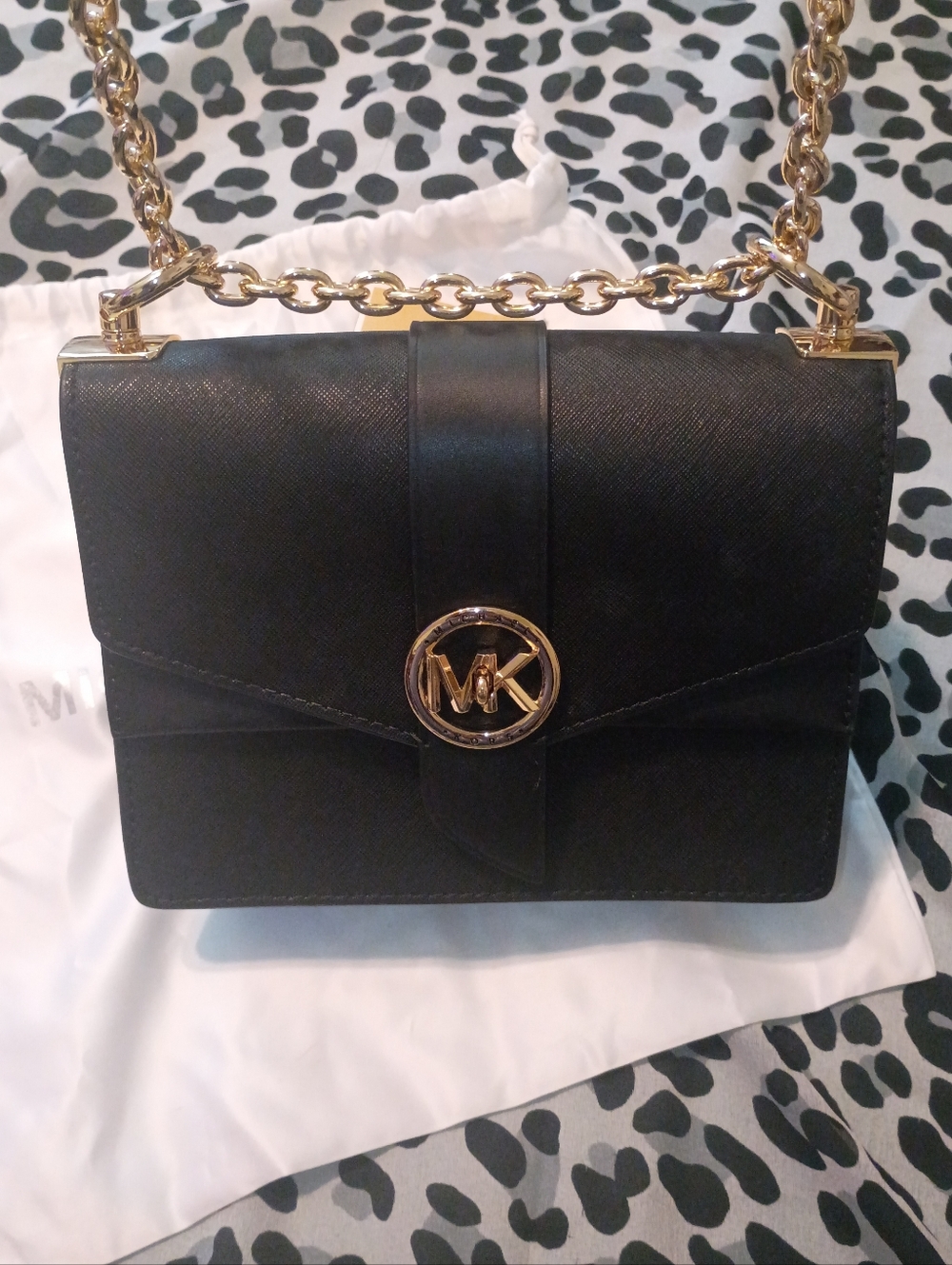 Michael Kors Greenwich Saffiano Black Leather Suede Gold Chain Crossbody Handbag